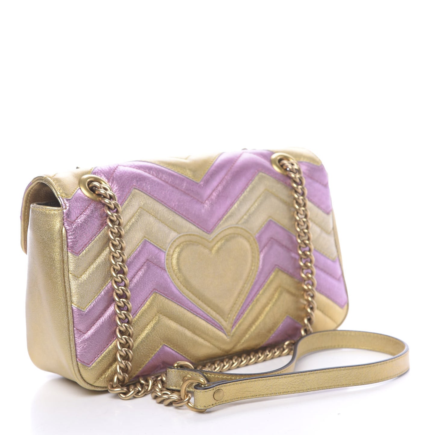 Metallic Calfskin Matelasse Small GG Marmont Shoulder Bag Gold Pink