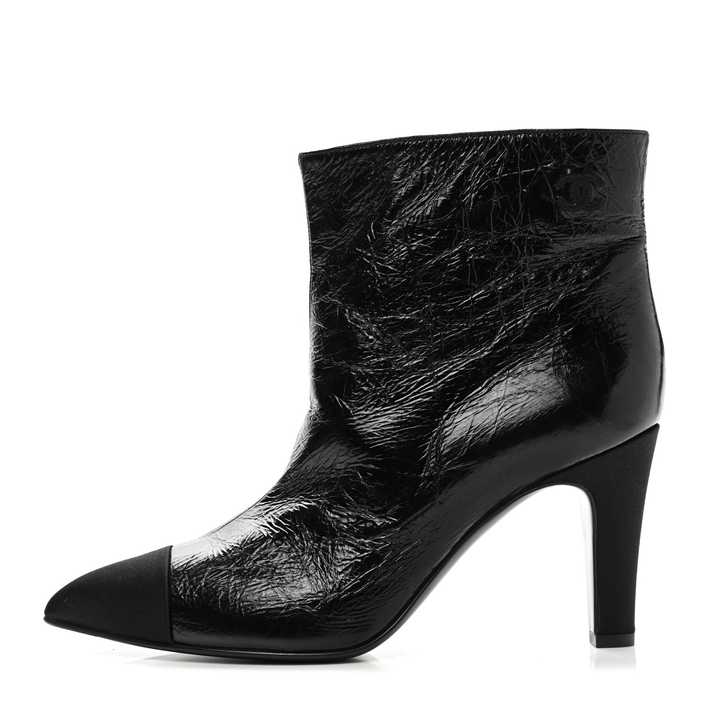 Crumpled Calfskin Satin Cap Toe Short Ankle Boots 39.5 Black