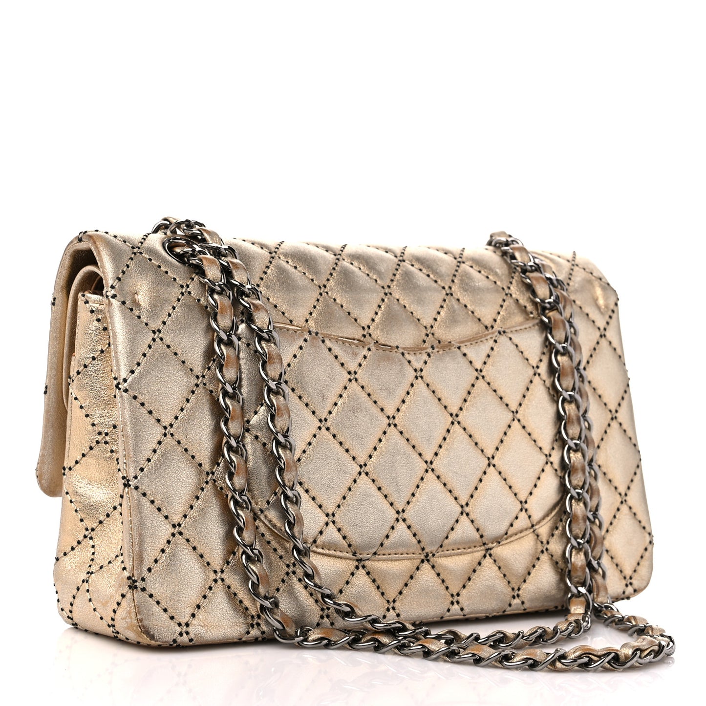 Metallic Washed Lambskin Quilted Medium Double Flap Dark Gold Black