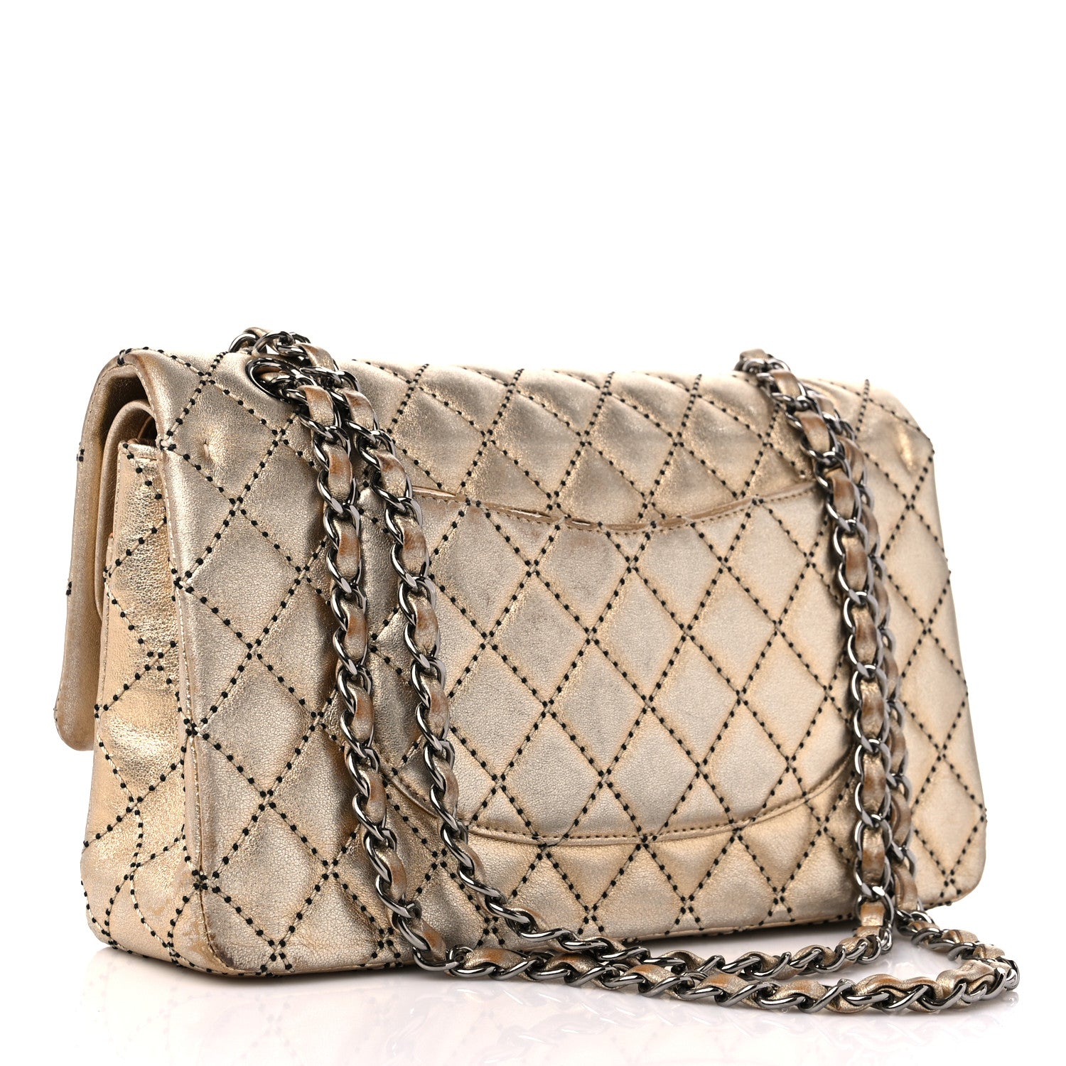 Chanel Metallic Washed Lambskin Quilted Medium Double Flap Dark Gold Black 3 of 18