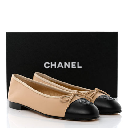 Chanel Lambskin Cap Toe CC Ballerina Flats 37 Beige Black 10 of 10