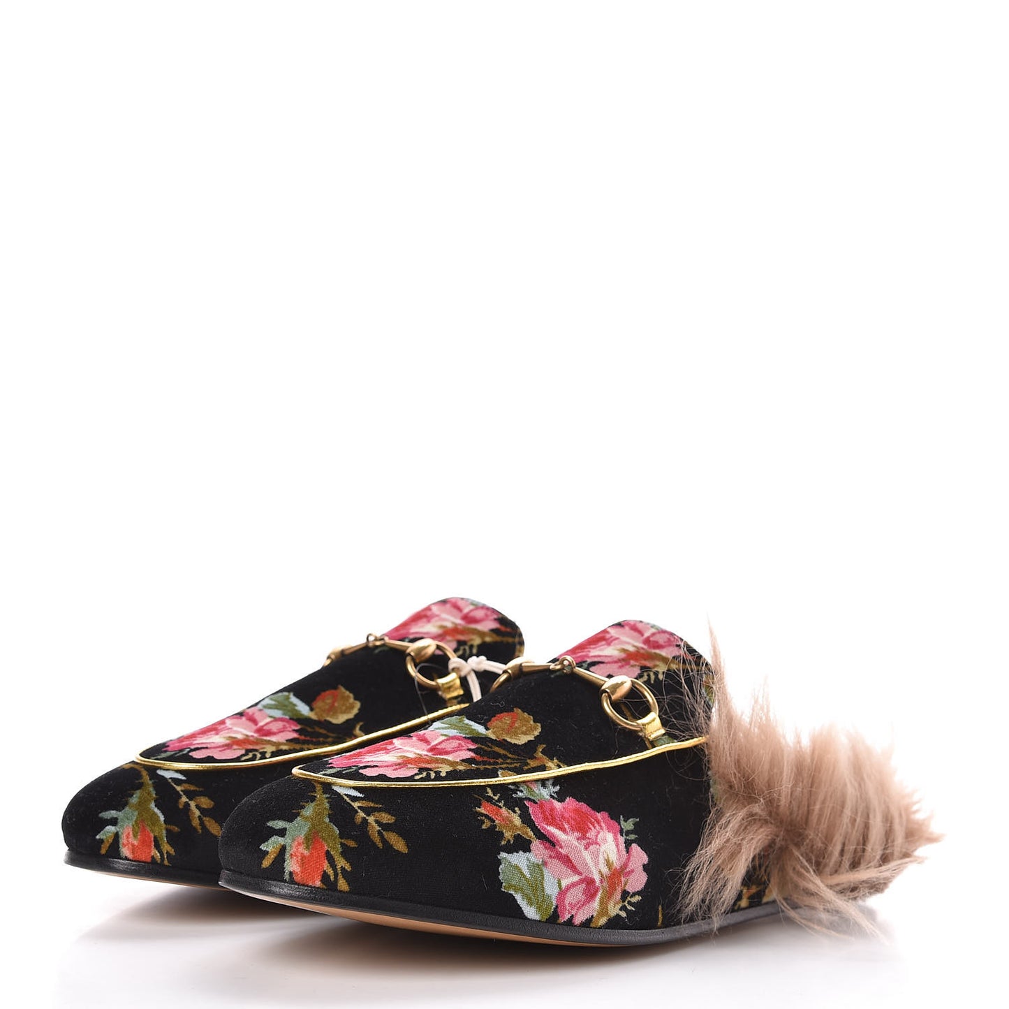 Velvet Fur Floral Womens Princetown Slippers 40 Black