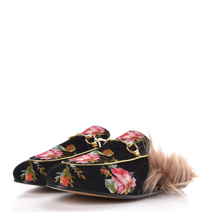 Gucci Velvet Fur Floral Womens Princetown Slippers 40 Black 3 of 9