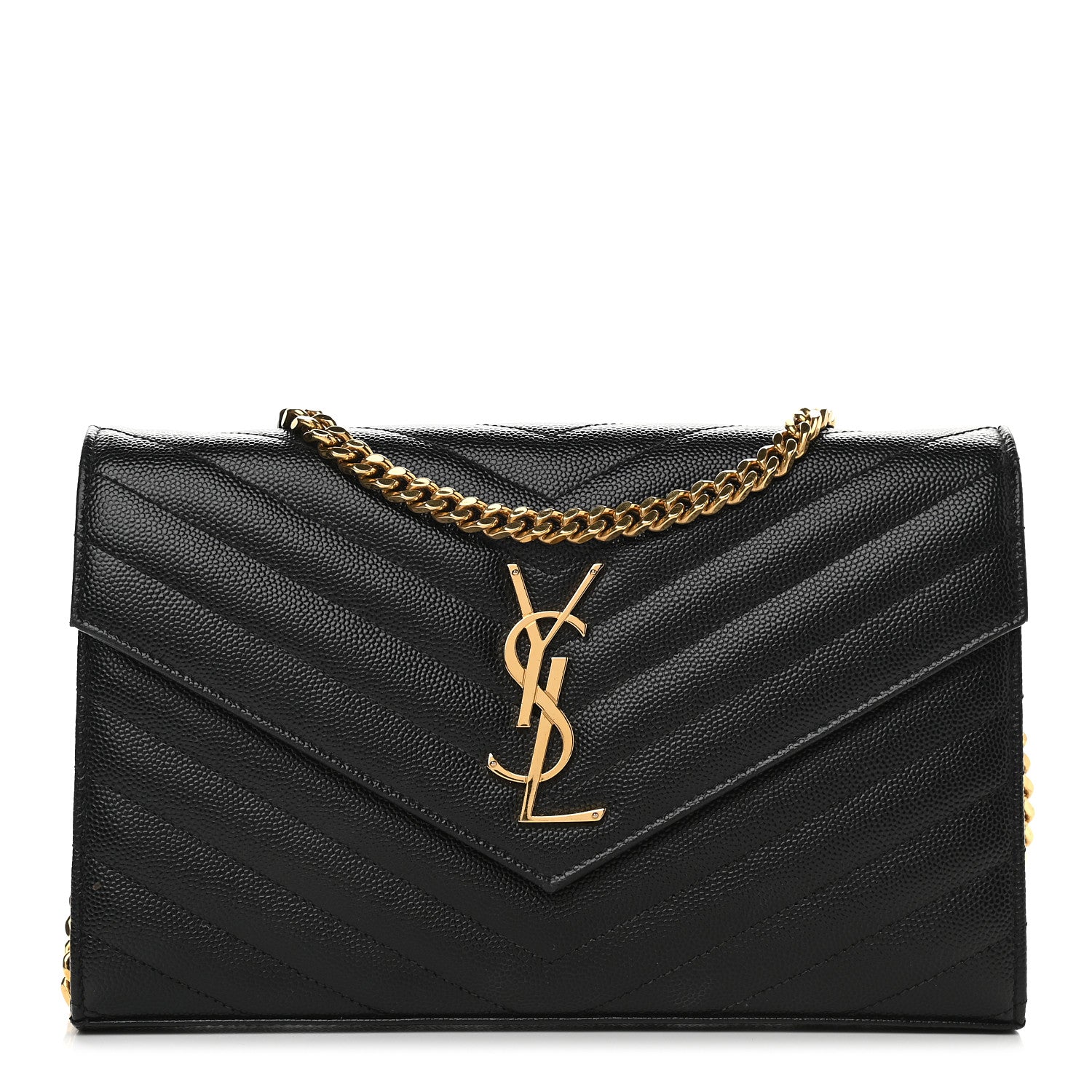 Saint Laurent Grain De Poudre Matelasse Chevron Monogram Chain Wallet Black 1 of 9