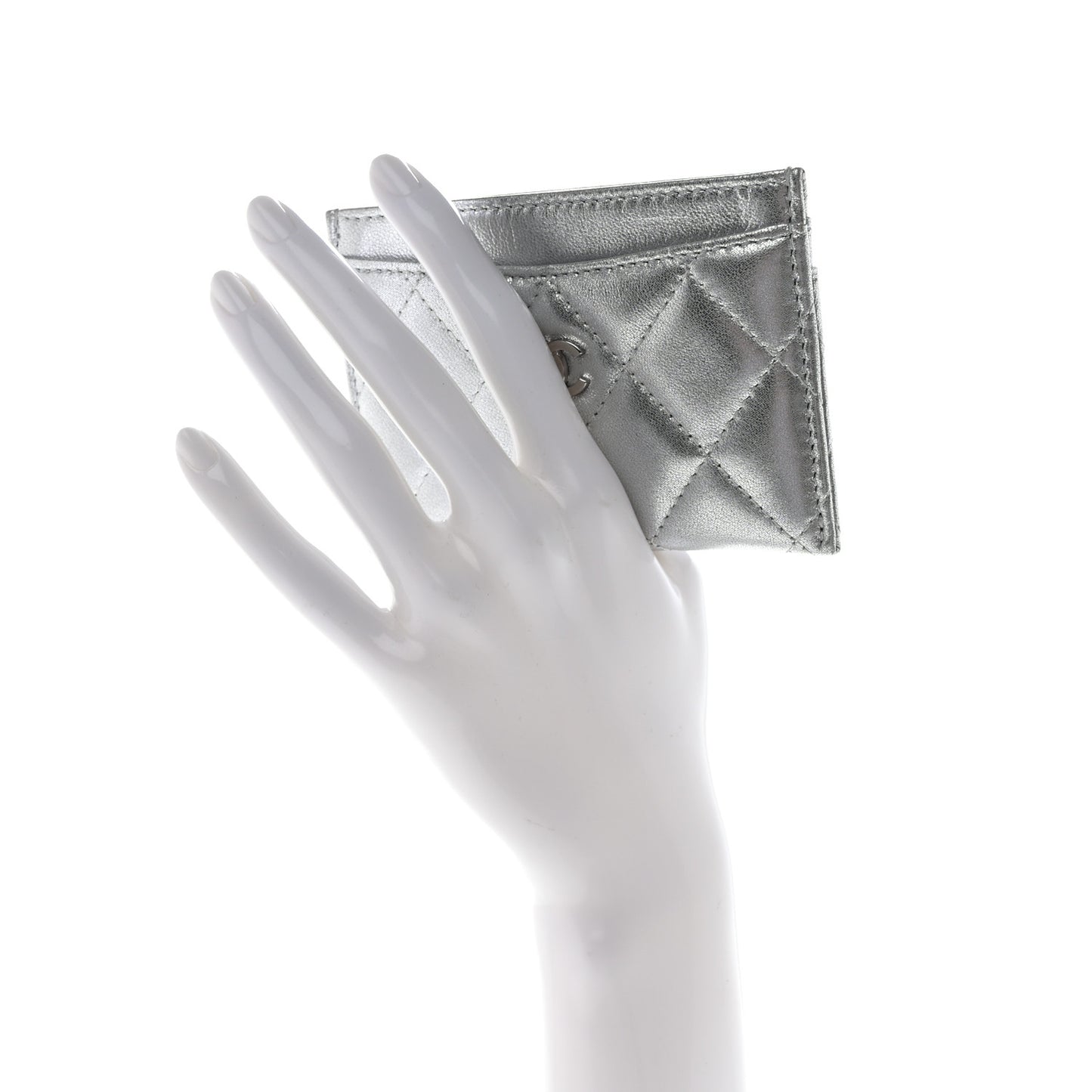 Metallic Lambskin Quilted CC Card Holder Silver