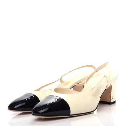 Chanel Patent Calfskin Cap Toe CC Slingback Pumps 39.5 White Black 3 of 12