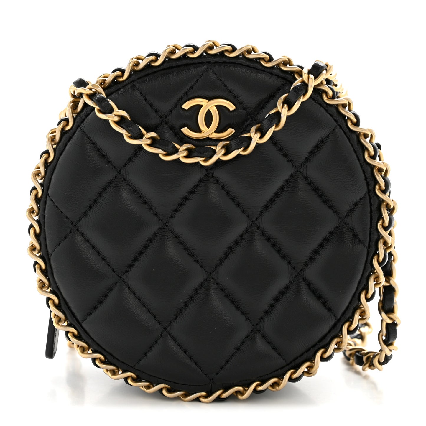Lambskin Quilted Chain Around CC Round Clutch With Chain Black