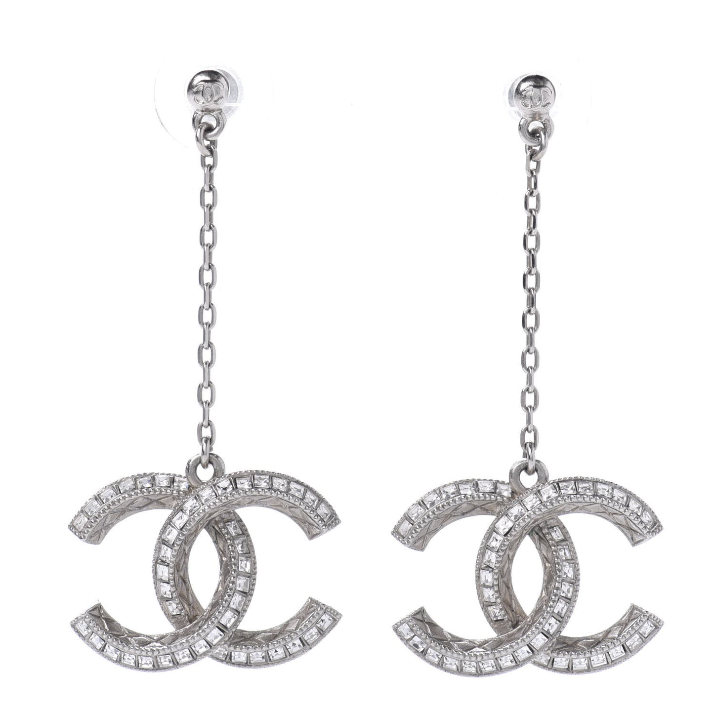 Baguette Crystal CC Drop Earrings Silver