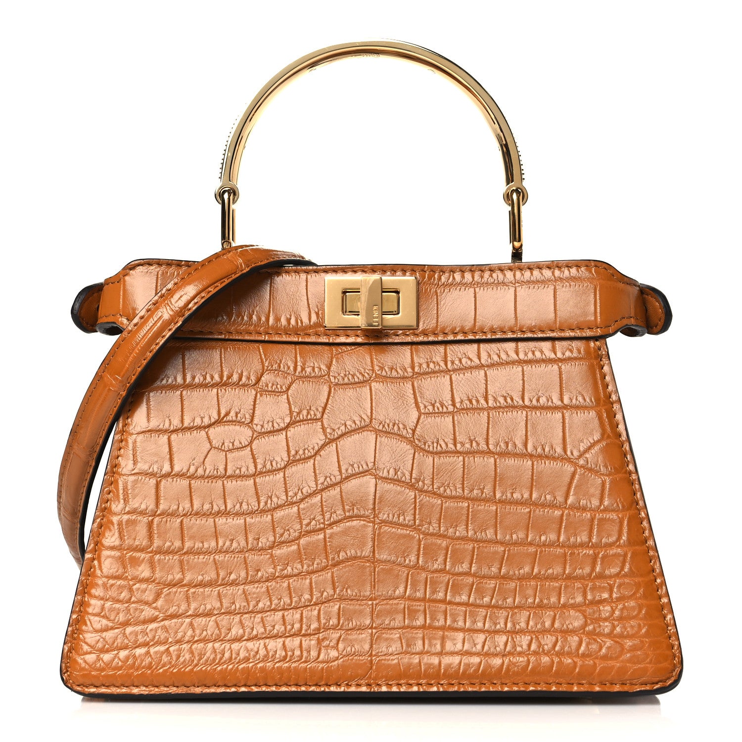 Fendi Shiny Crocodile Nappa Crystal Petite Peekaboo I SEE U Satchel Caramello 1 of 9