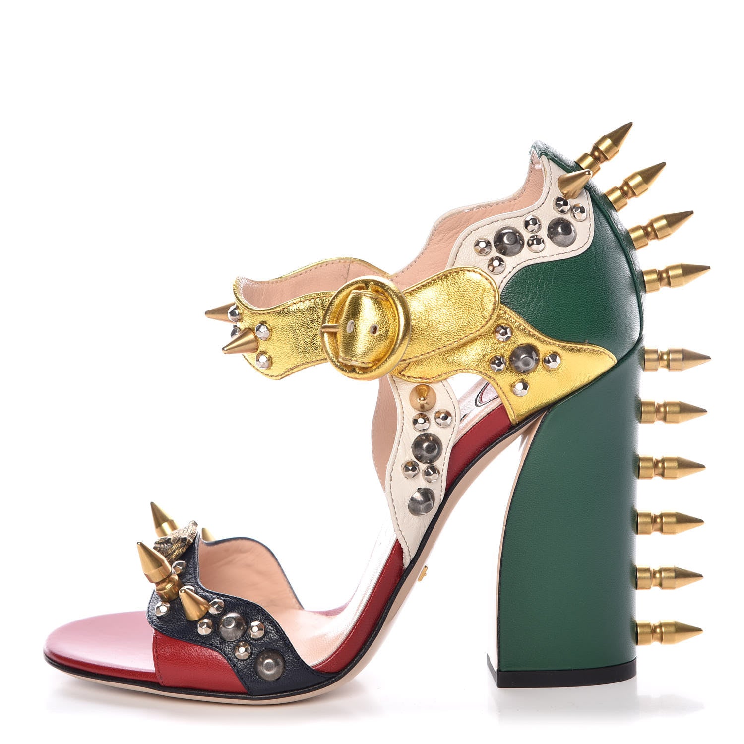 Gucci Metallic Malaga Kid Malin Embellished Studded Sandals 35 Hibiscus Red Blue Gold 1 of 8