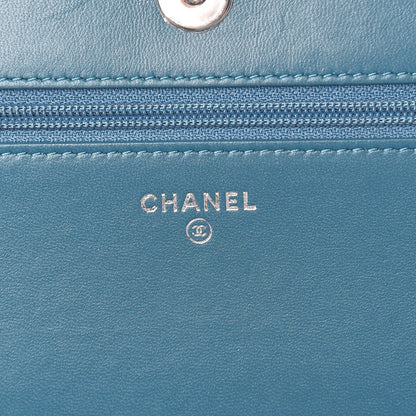 Chanel Lambskin Chevron Quilted Studded Wallet On Chain WOC Blue 6 of 17