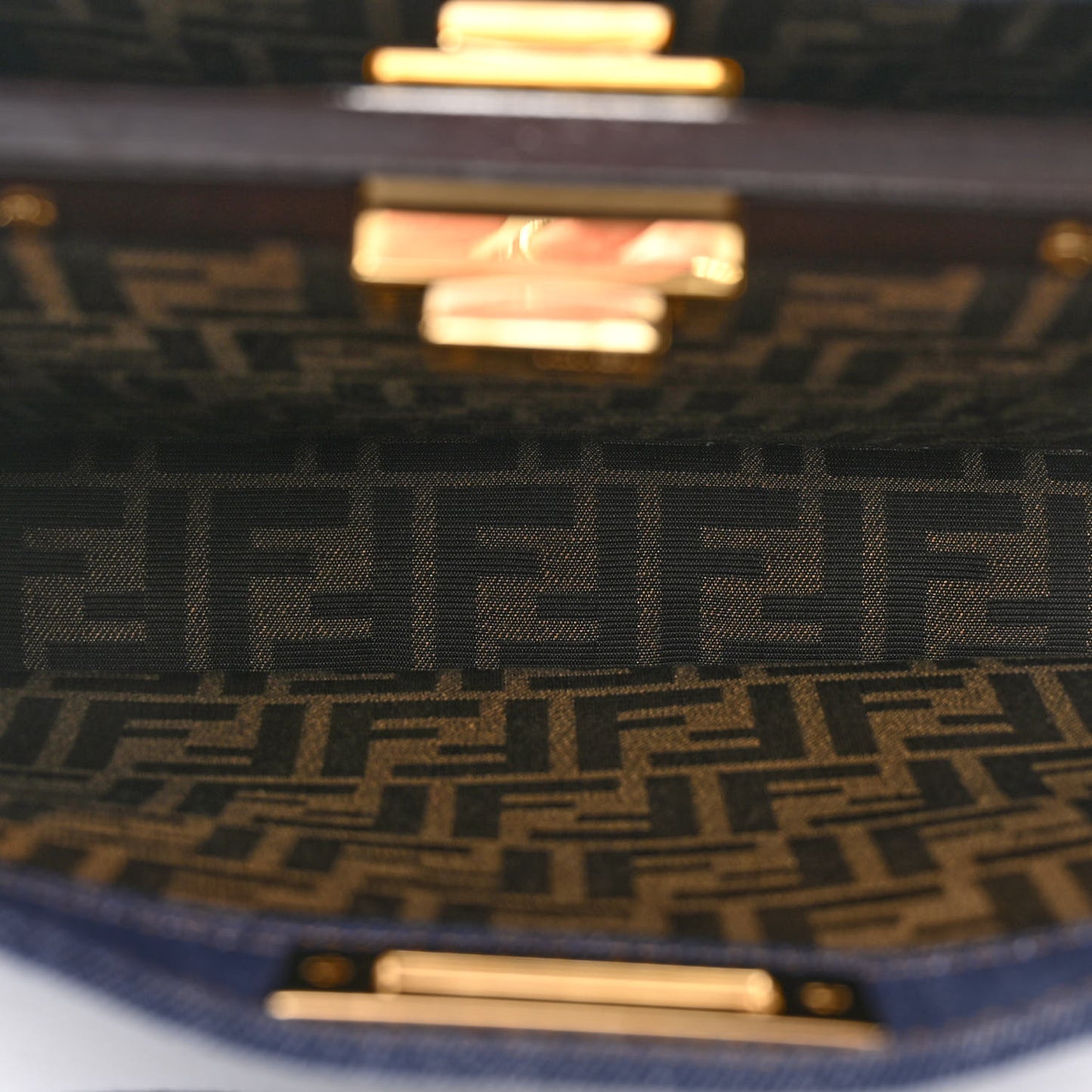 Denim Fabric Jacquard Cuoio FF 1974 Medium Peekaboo I SEE U Satchel Blue Tobacco Moro