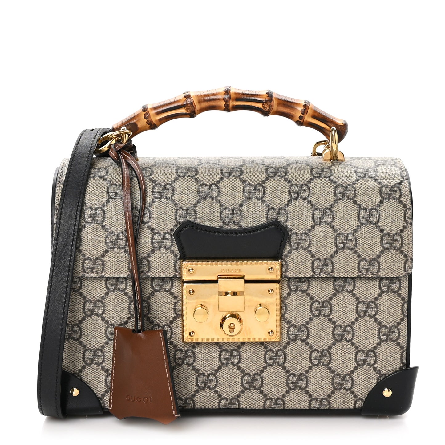GG Supreme Monogram Small Padlock Bamboo Shoulder Bag Beige Black Cuir
