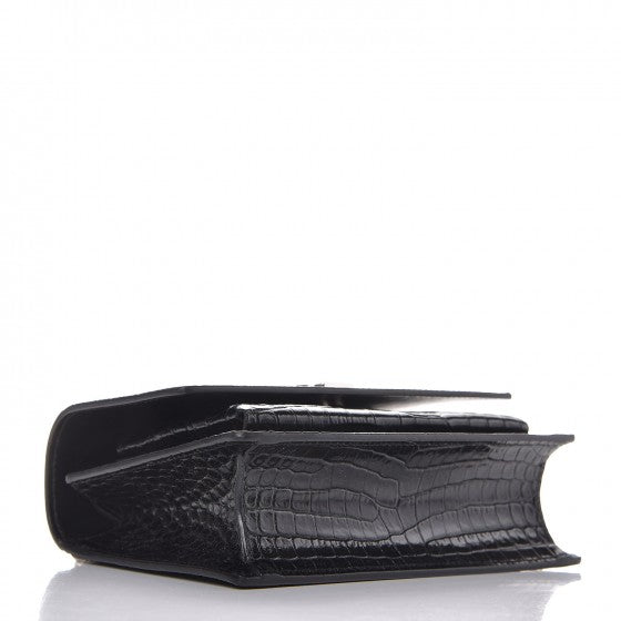 Saint Laurent Calfskin Crocodile Embossed Monogram Sunset Chain Wallet Black 4 of 7