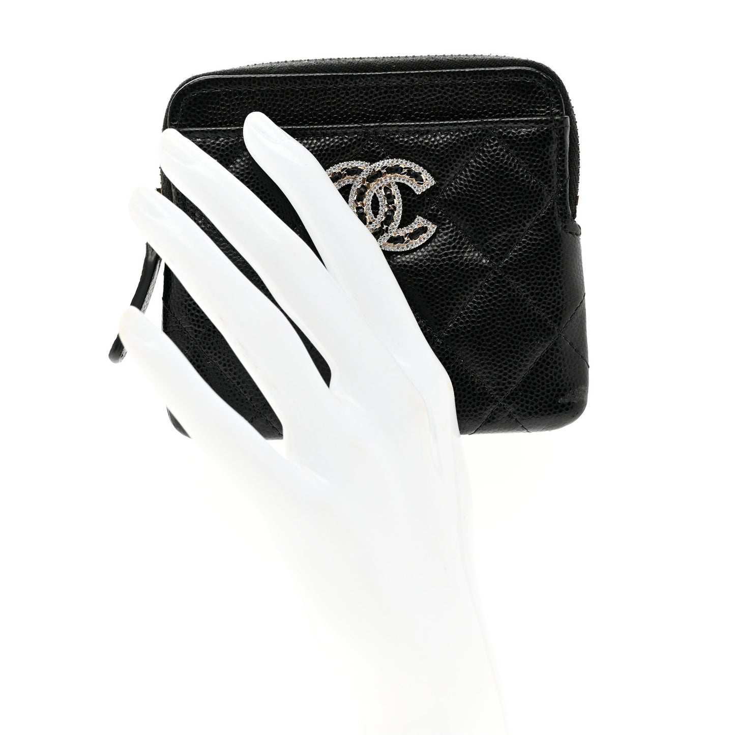 Caviar Quilted Crystal Zip Card Holder Wallet Black