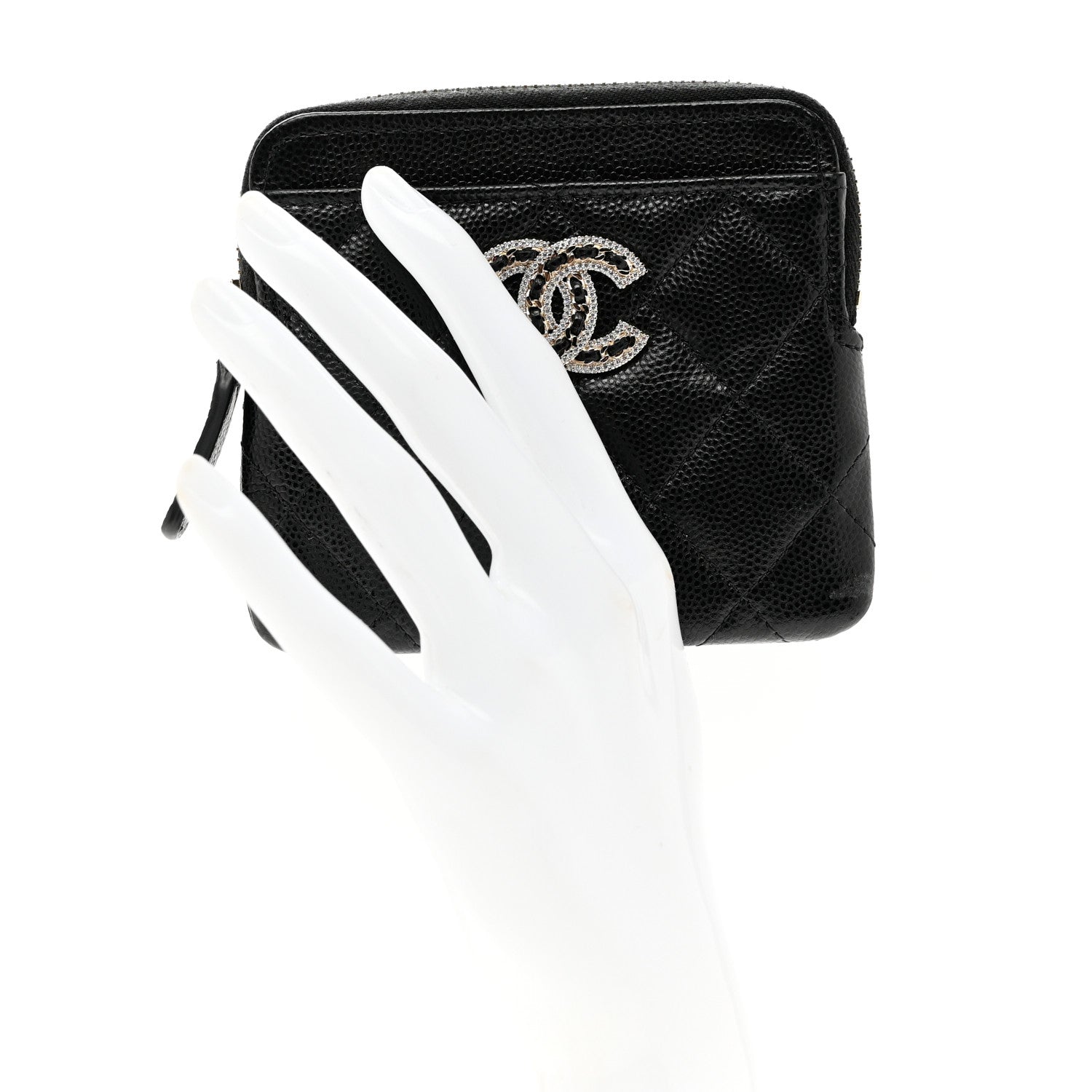 Chanel Caviar Quilted Crystal Zip Card Holder Wallet Black 2 of 7