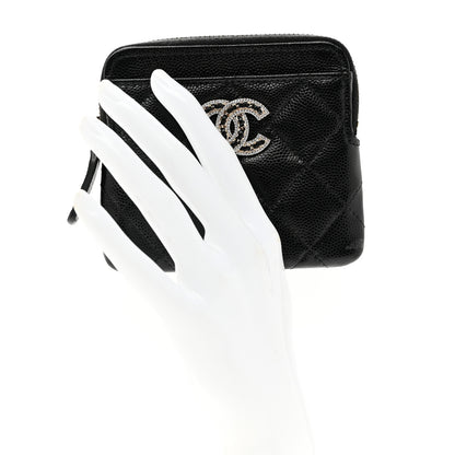 Chanel Caviar Quilted Crystal Zip Card Holder Wallet Black 2 of 7