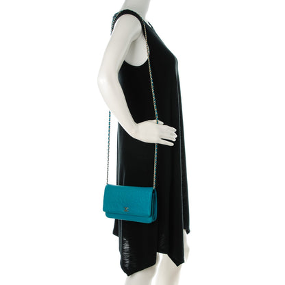 Chanel Lambskin Camellia Embossed Wallet On Chain WOC Turquoise 2 of 9