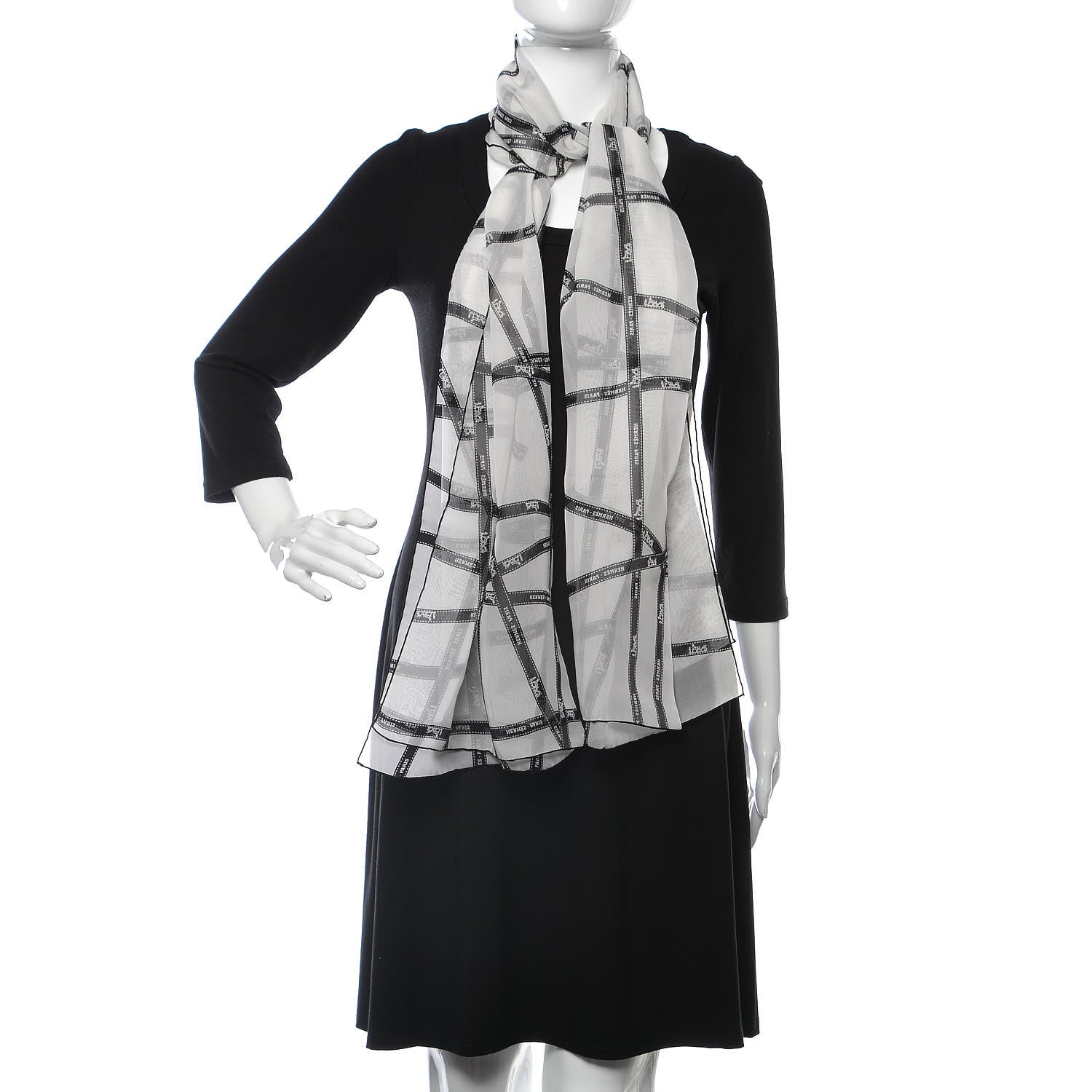 Hermes Mousseline Silk Bolduc Stole Scarf White Black 2 of 4