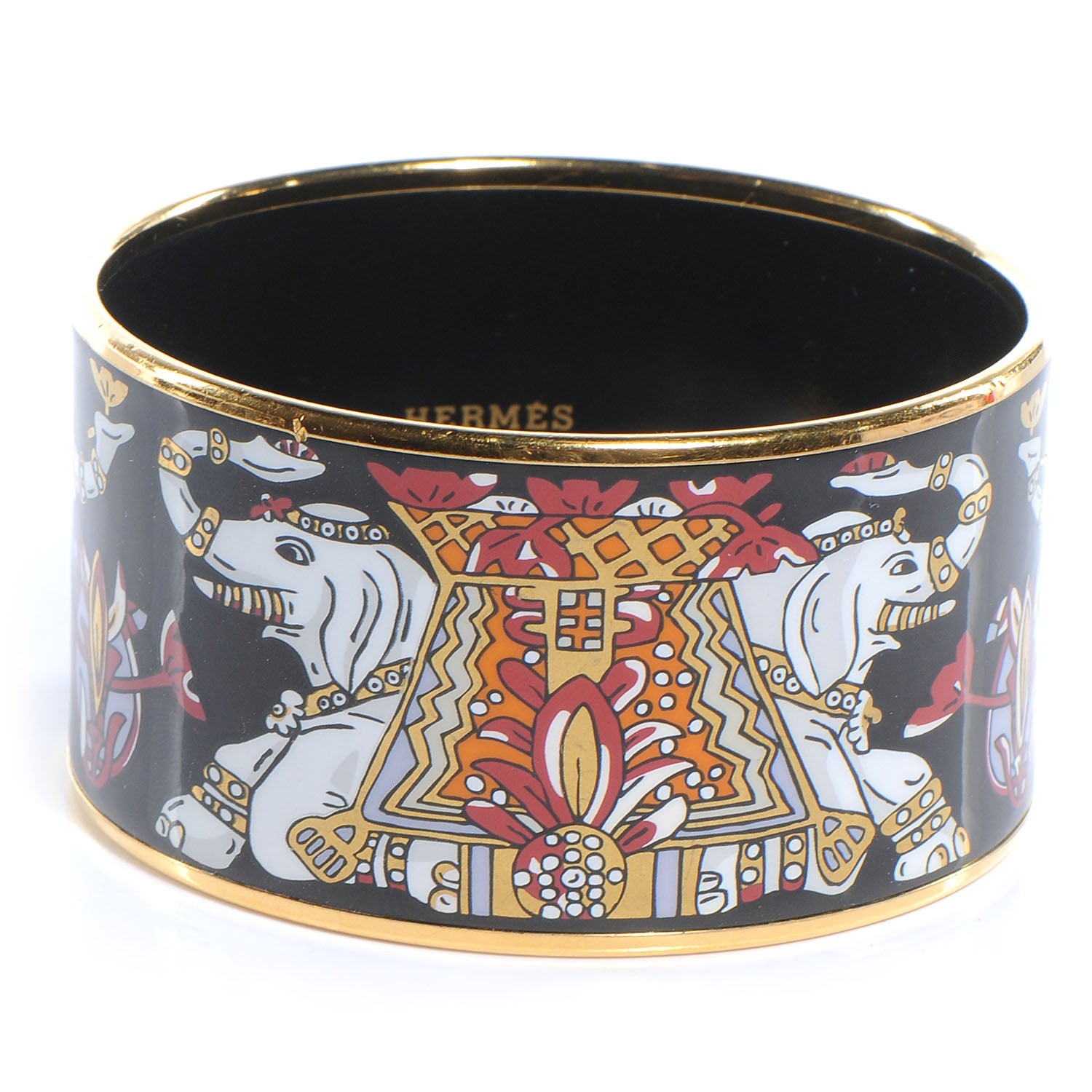 Hermes Enamel Printed Elephant Torana Extra Wide Bracelet 65 Black 1 of 5