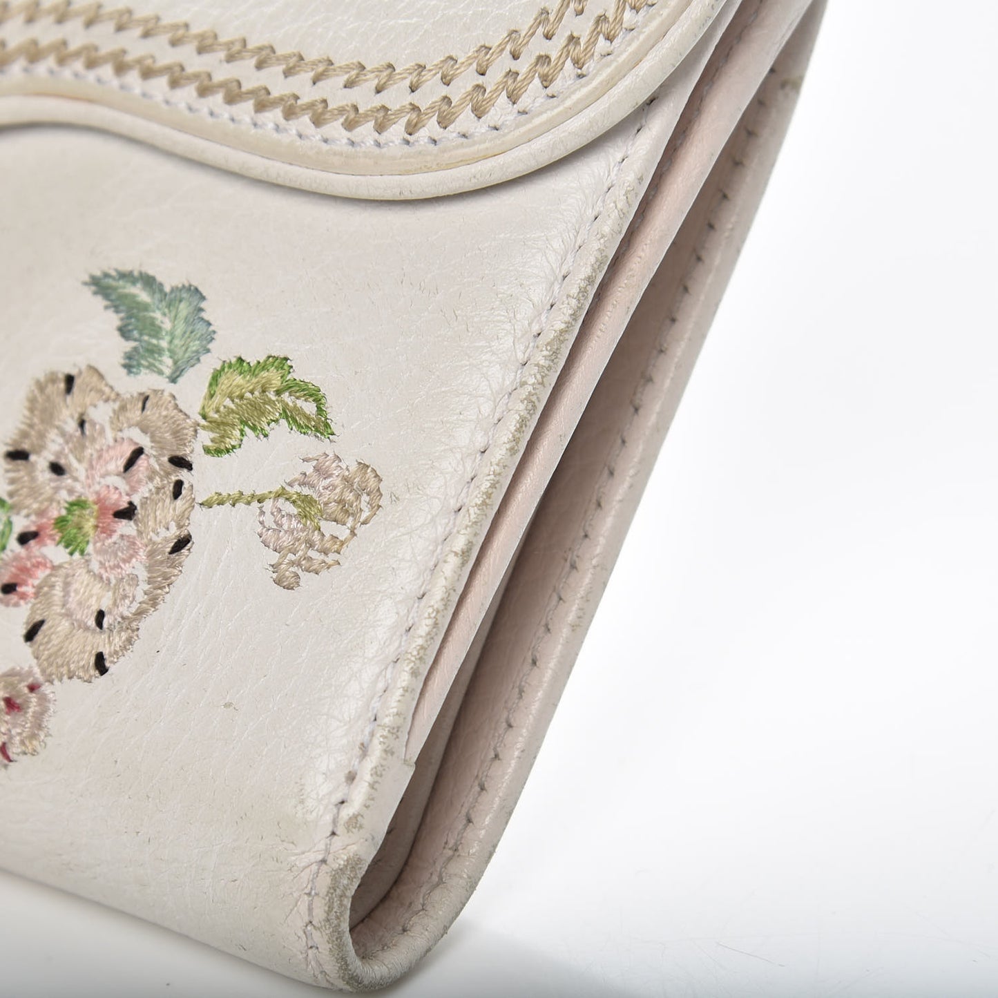 Calfskin Embroidered Romantic Flowers Saddle Compact Wallet White