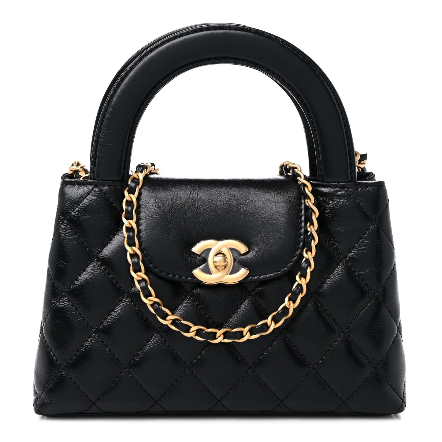 Shiny Aged Calfskin Quilted Nano Kelly Shopper Black