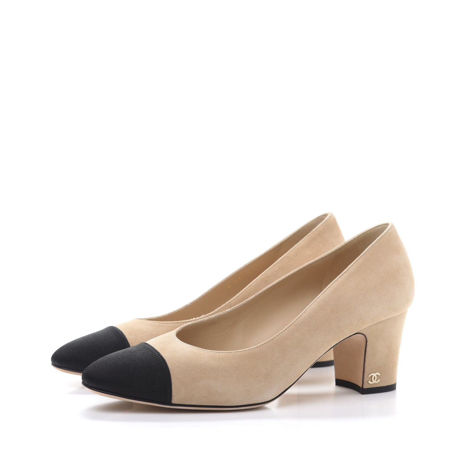 Suede Satin Cap Toe Low Heel Pumps 41 Beige Black