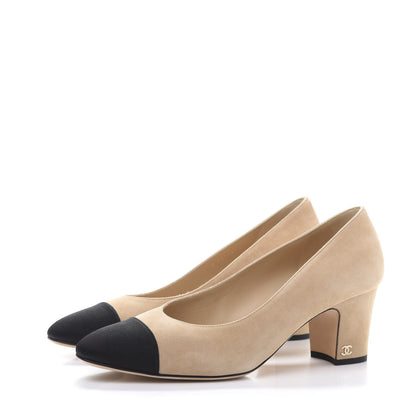 Chanel Suede Satin Cap Toe Low Heel Pumps 41 Beige Black 3 of 9