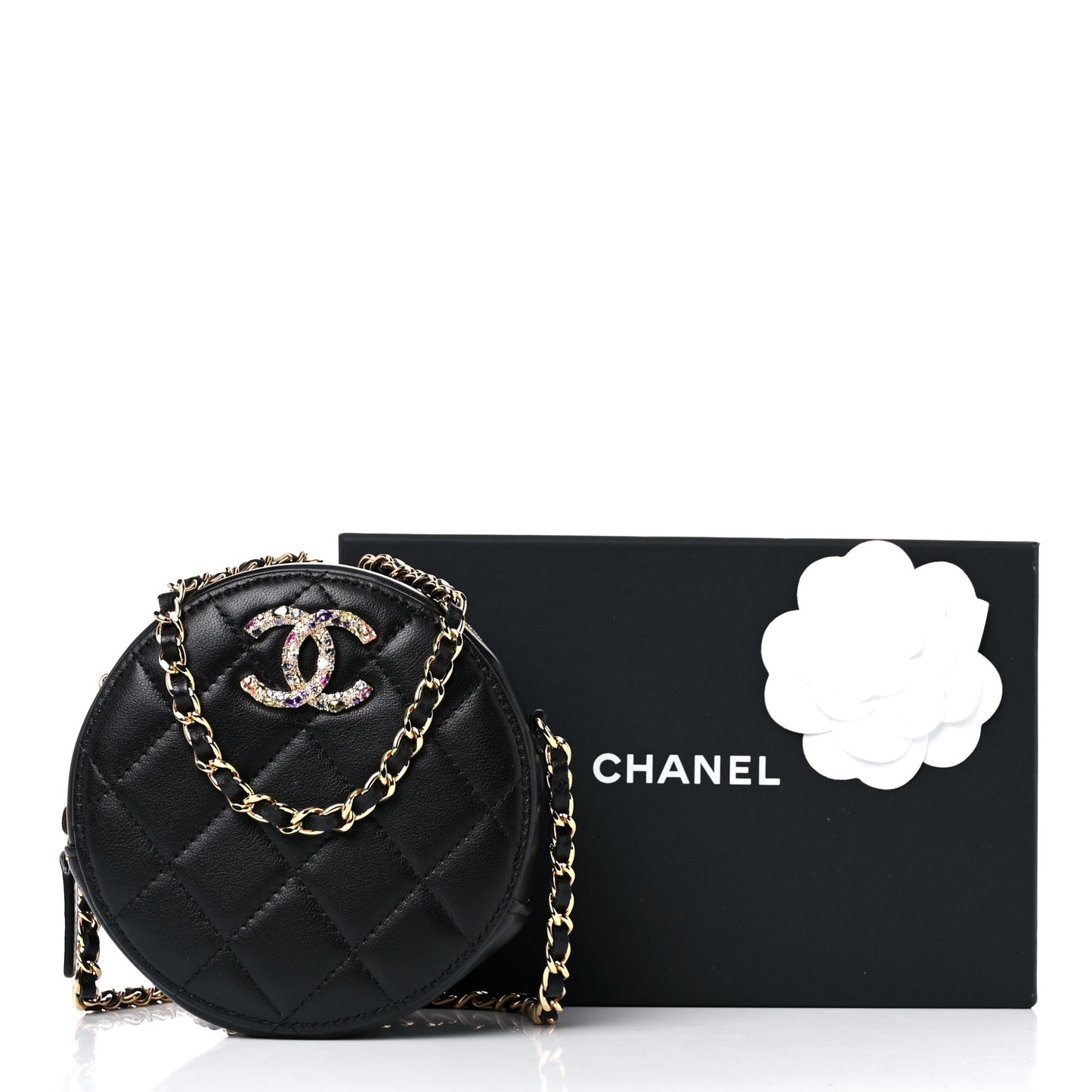Lambskin Quilted Zirconium Round Clutch With Chain Black