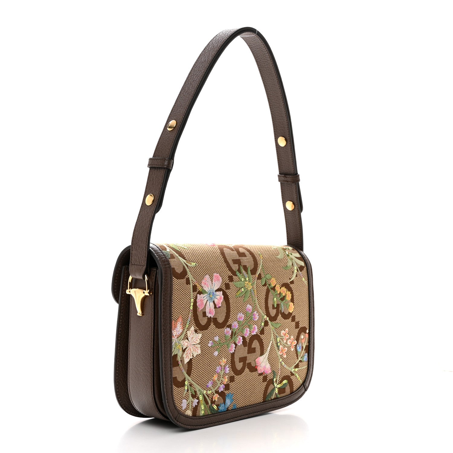 Gucci Monogram Jumbo GG Textured Dollar Calfskin Embroidered Horsebit 1955 Shoulder Bag Camel Ebony New Acero Multicolor 2 of 10
