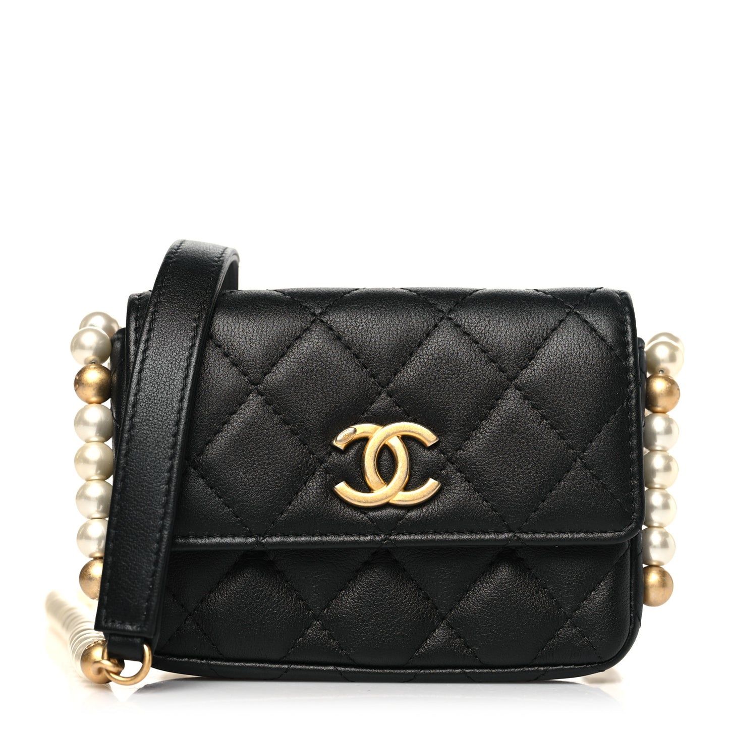 Calfskin Quilted About Pearls Card Holder Flap With Chain Black