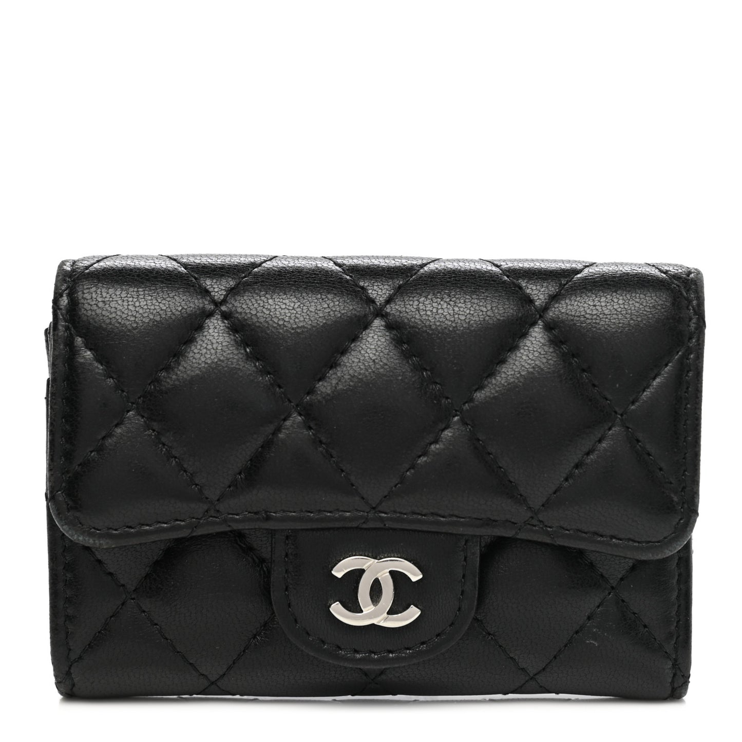 Lambskin Quilted Flap Card Holder Wallet Black