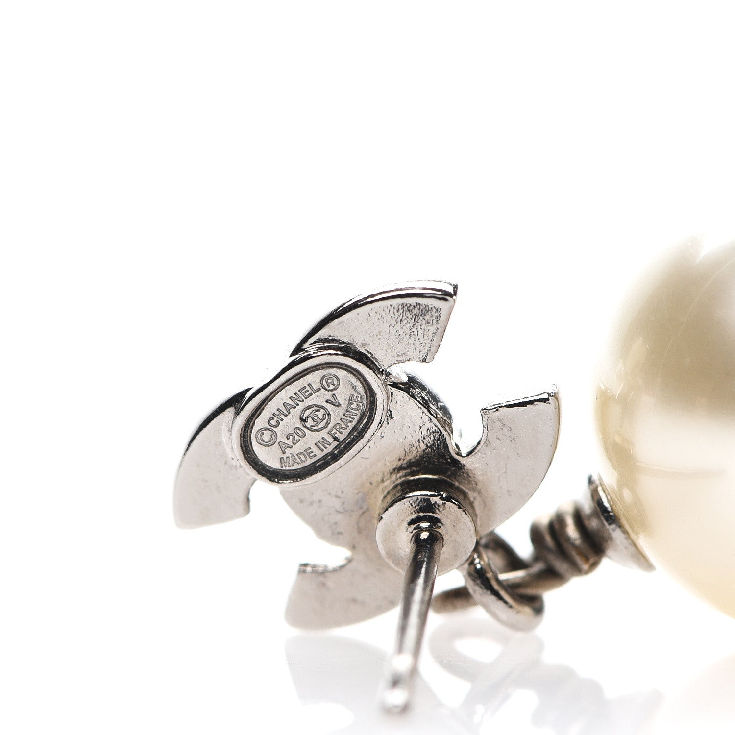 Chanel Crystal Pearl CC Drop Earrings Silver Pearly White 4 of 5
