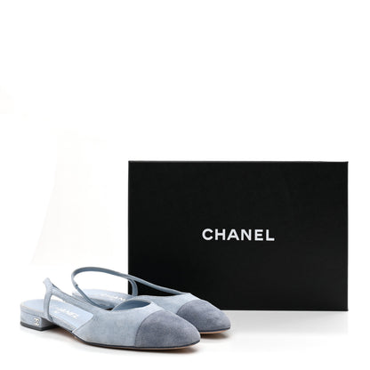 Chanel Suede Cap Toe CC Coco Slingback Pumps 37.5 Light Blue Dark Blue 10 of 10