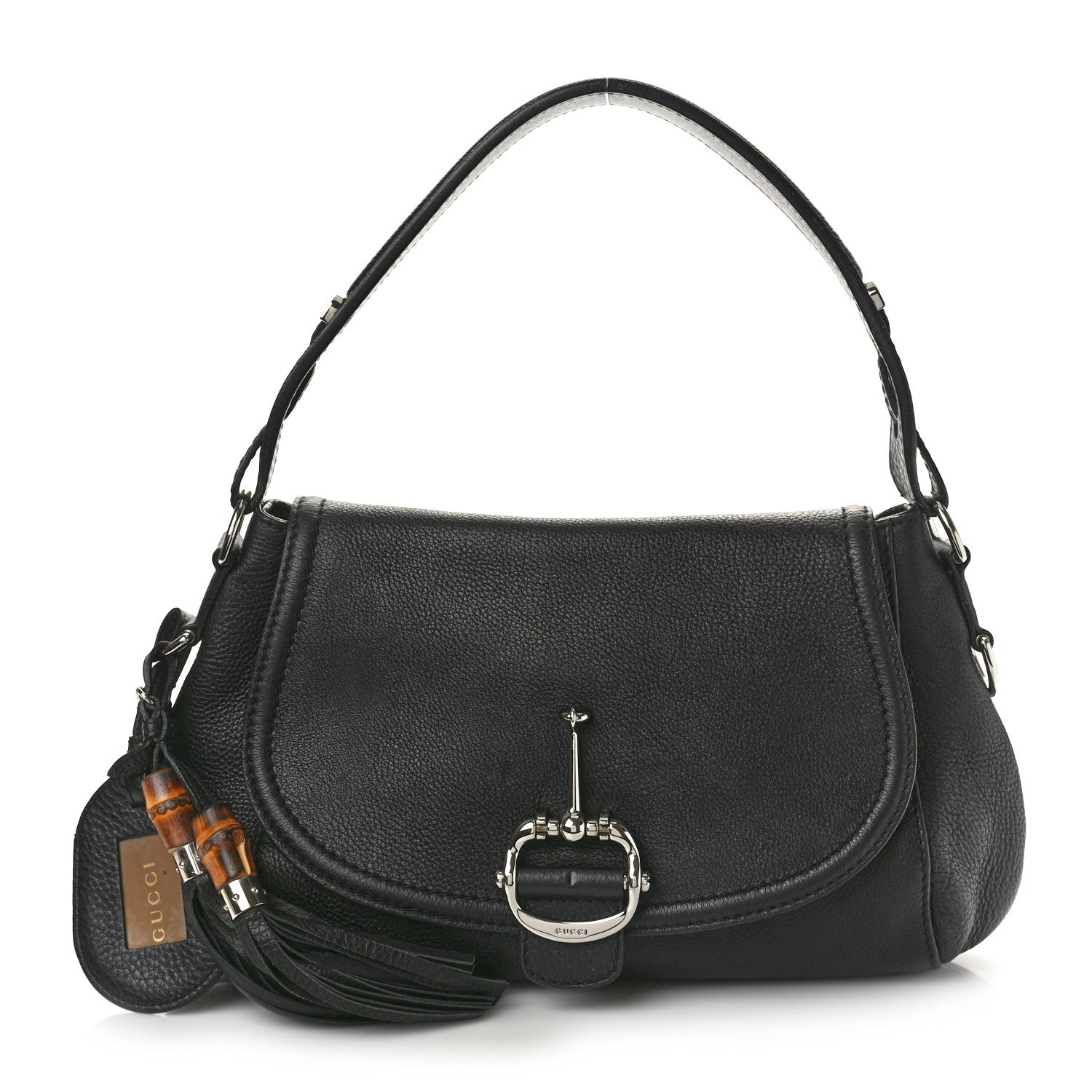 Gucci Pebbled Calfskin Medium Techno Horsebit Shoulder Flap Bag Black 1 of 14
