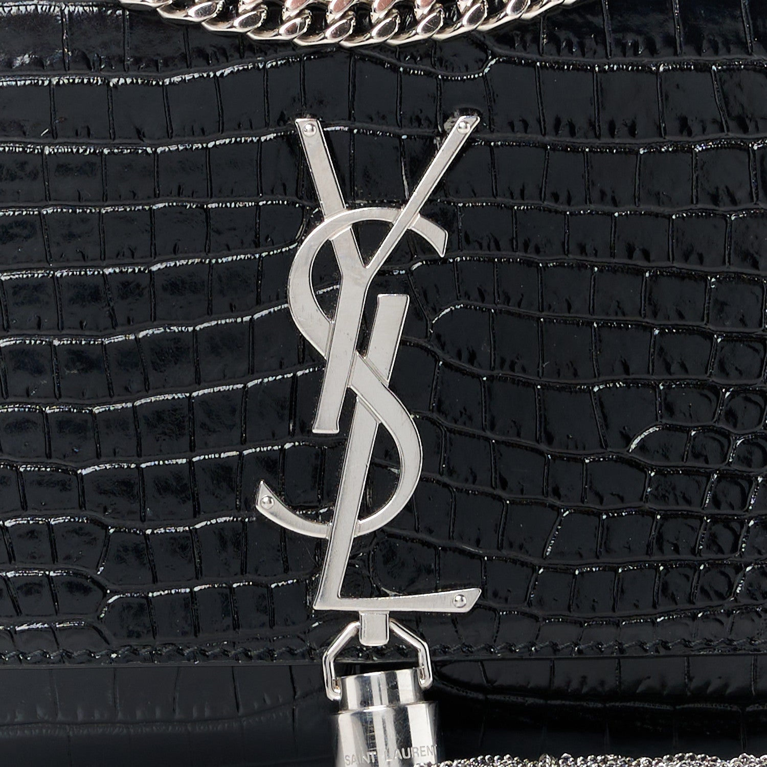 Saint Laurent Calfskin Crocodile Embossed Small Classic Monogram Kate Tassel Satchel Black 9 of 12