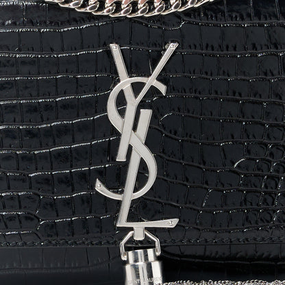 Saint Laurent Calfskin Crocodile Embossed Small Classic Monogram Kate Tassel Satchel Black 9 of 12
