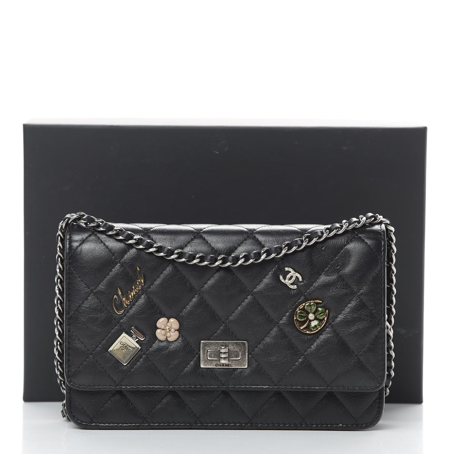 Aged Calfskin Lucky Charms Casino 2.55 Reissue Wallet on Chain WOC Black