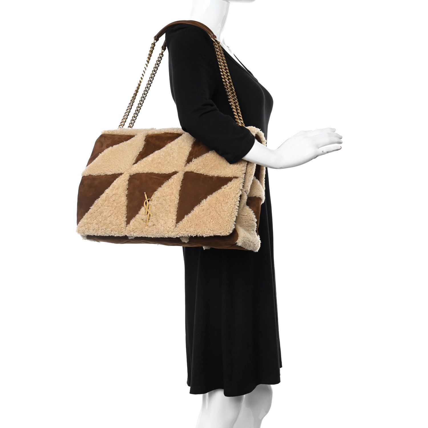 Saint Laurent Suede Shearling Patchwork Monogram Giant Jamie Brown Beige 3 of 12