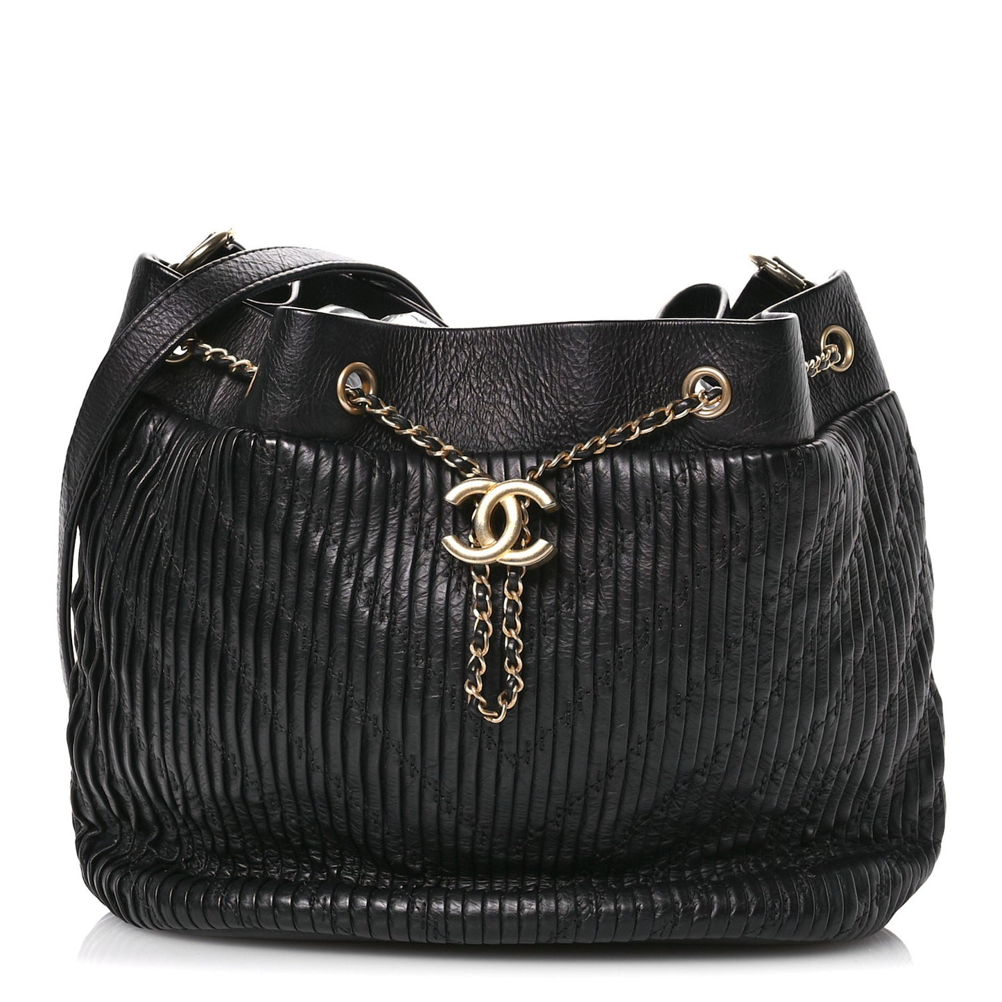 Iridescent Crumpled Calfskin Coco Pleats Drawstring Bag Black