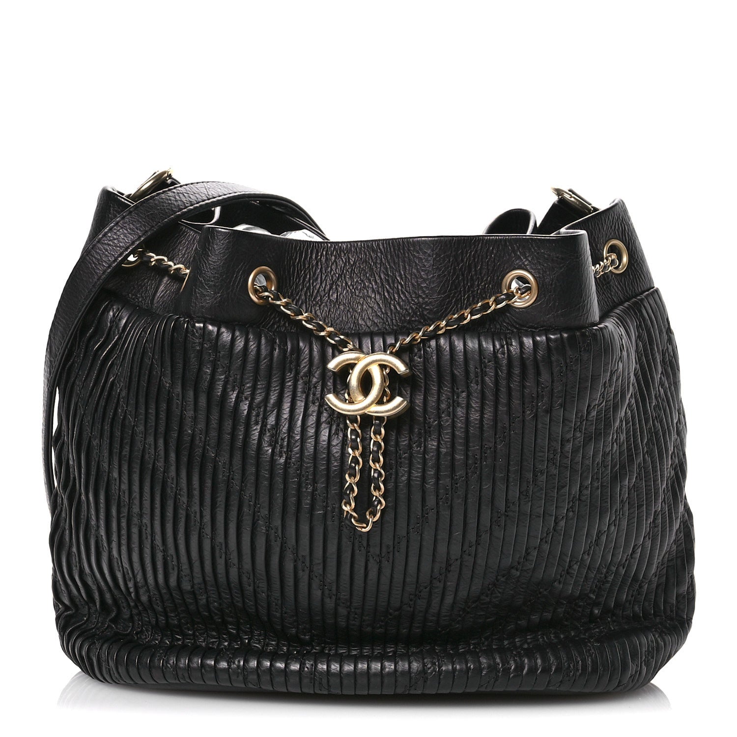 Chanel Iridescent Crumpled Calfskin Coco Pleats Drawstring Bag Black 8 of 10