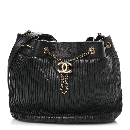 Chanel Iridescent Crumpled Calfskin Coco Pleats Drawstring Bag Black 8 of 10