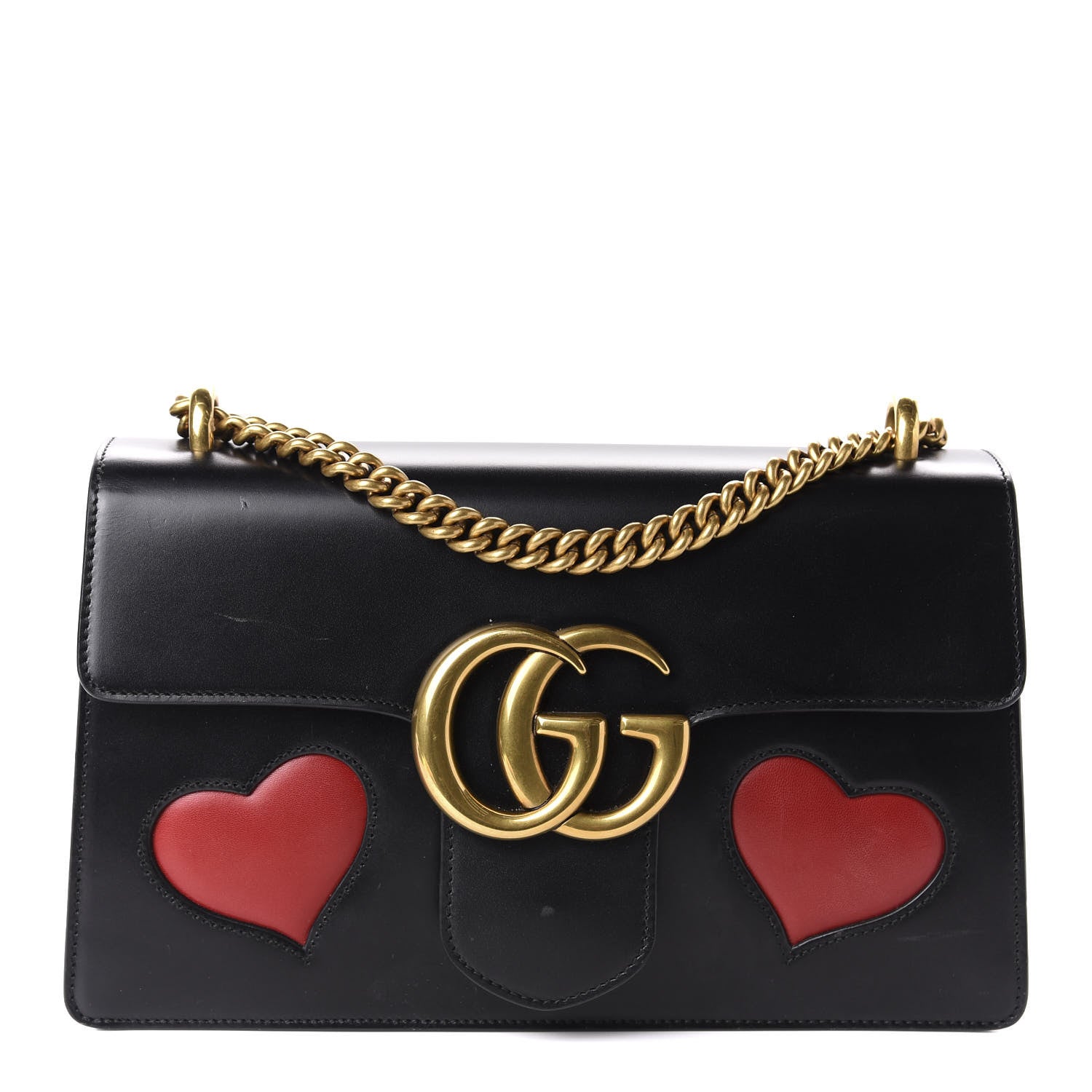 Gucci Knight Calfskin Malaga Kid Heart Medium GG Marmont Chain Handle Bag Black Hibiscus Red Multicolor 1 of 16