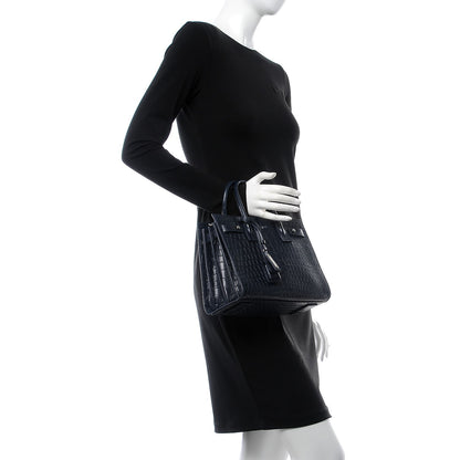 Saint Laurent Calfskin Crocodile Embossed Baby Supple Sac De Jour Navy 3 of 8