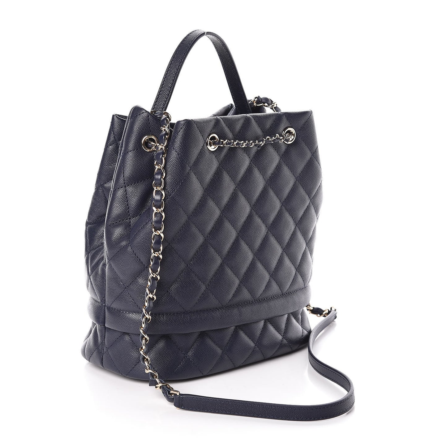 Caviar Quilted Rolled Up Bucket Drawstring Bag Navy
