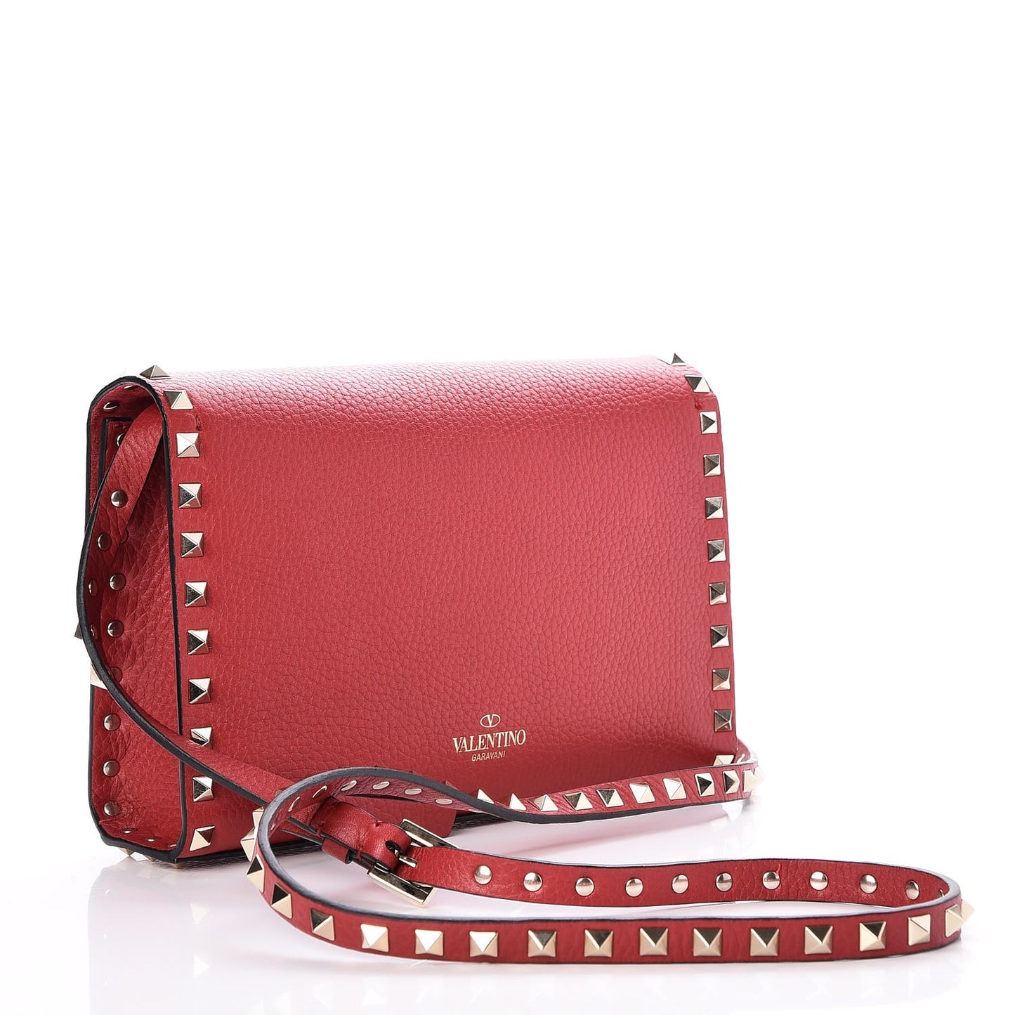 Pebbled Calfskin Medium Rockstud Flip Lock Crossbody Bag Red