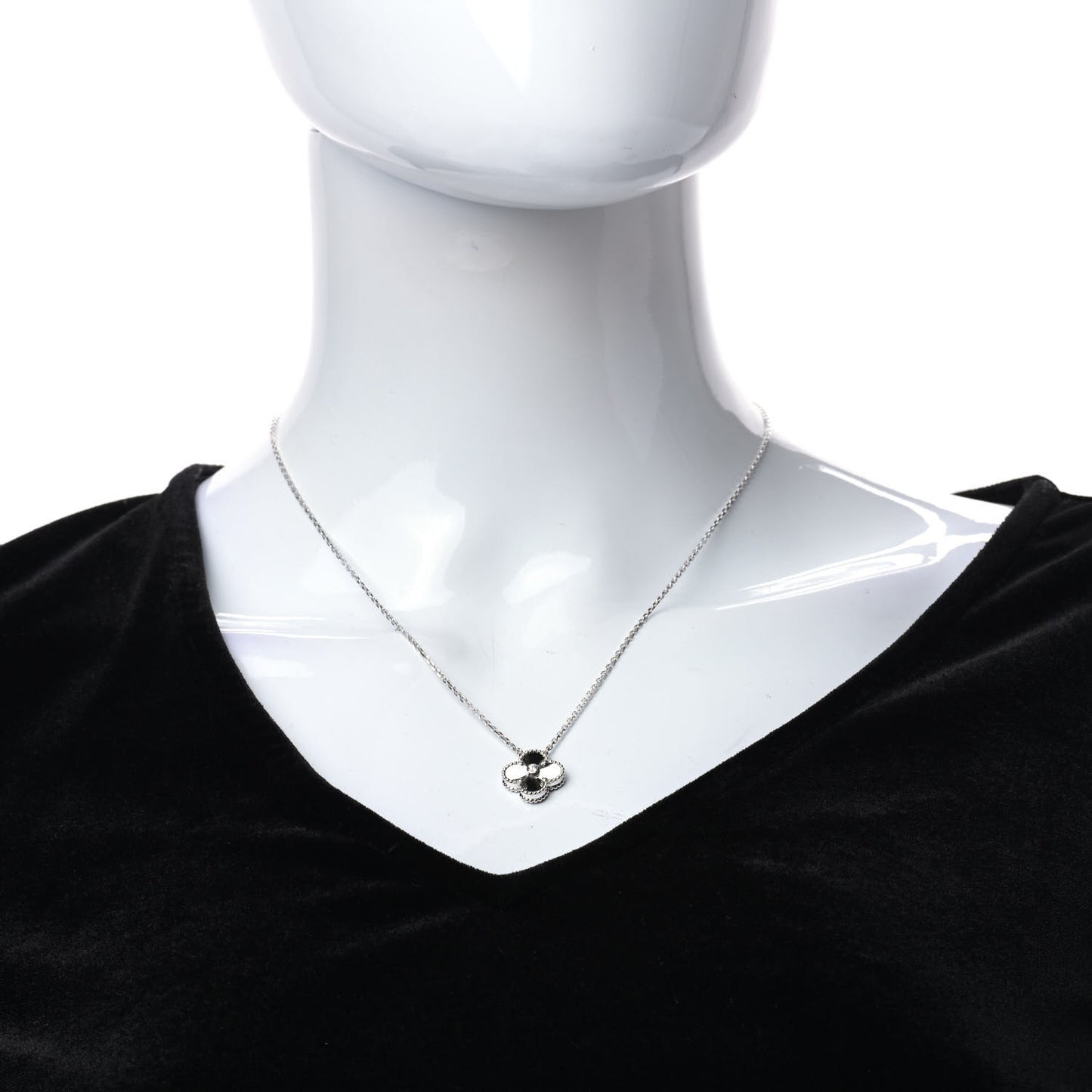 18K White Gold Diamond Guilloche Vintage Alhambra Pendant Necklace