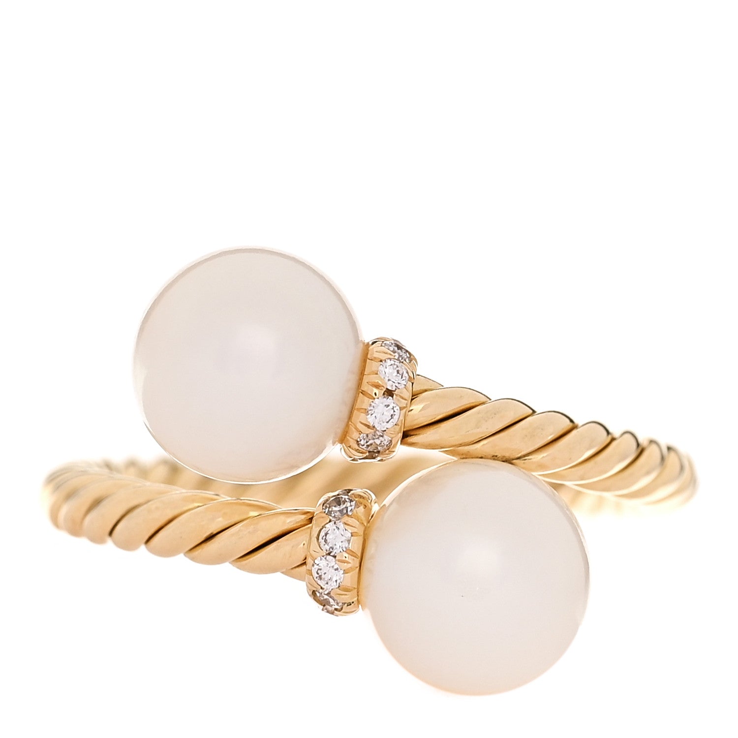 David Yurman 18K Yellow Gold Cultured Pearl Diamond 7.5mm Solari Bypass Ring 54 6.75 1 of 5