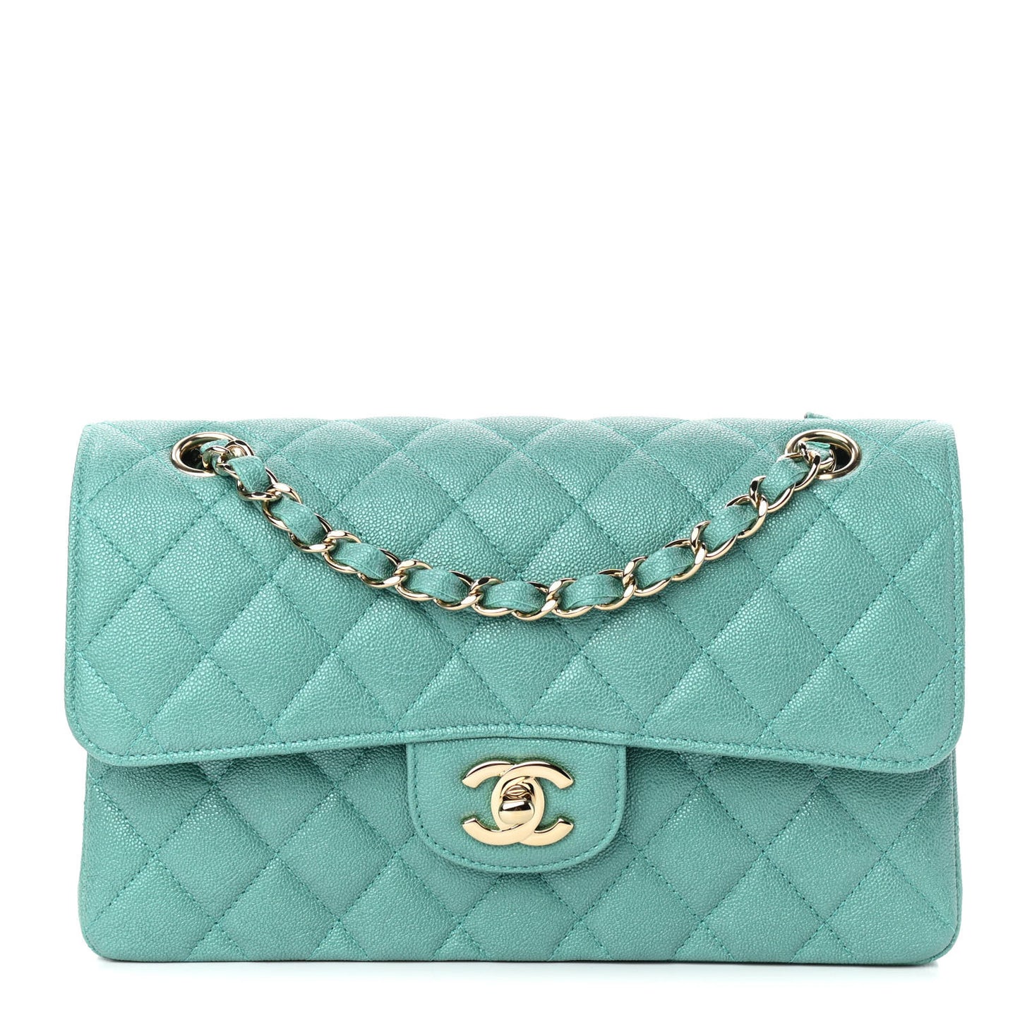 Iridescent Caviar Quilted Small Double Flap Green