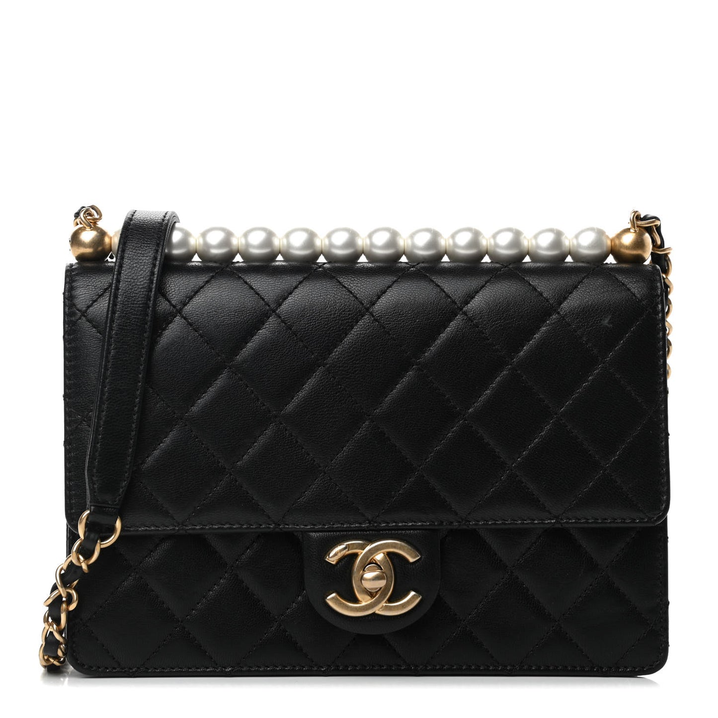 Lambskin Quilted Small Chic Pearls Flap Black